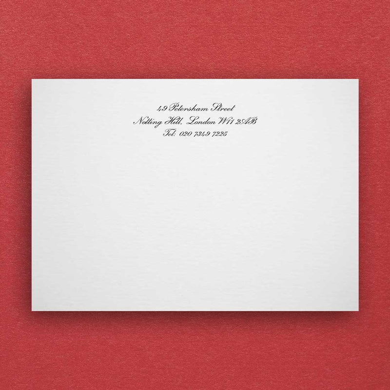 the plumton embossed note card, shown on a white A6 card with address and phone number in a script font at the head