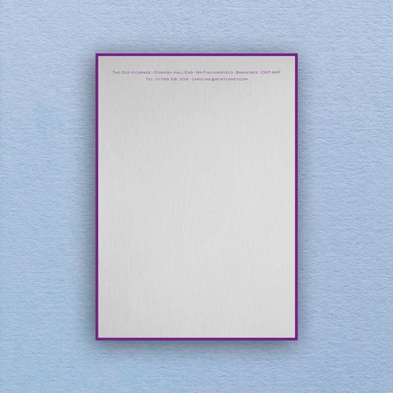 The Portobello writing paper shows a border framing the A5 sheet, with your personalised details on two lines across the top. 