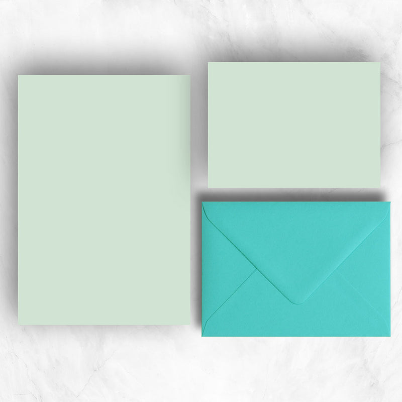 Powder green A5 Sheets and A6 Note cards paired with complementary turquoise envelopes