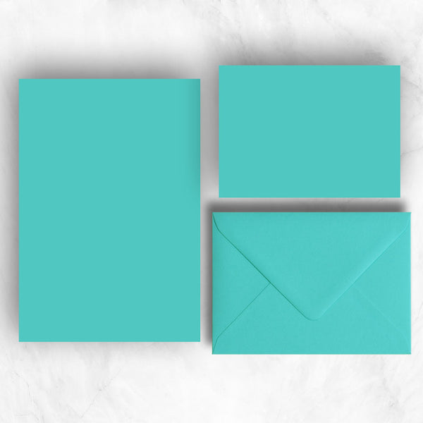 Turquoise a5 writing paper and a6 note cards with matching envelopes