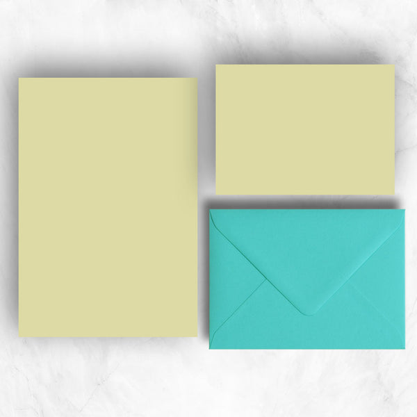 Warm Yellow A5 Sheets and A6 Note cards paired with turquoise envelopes