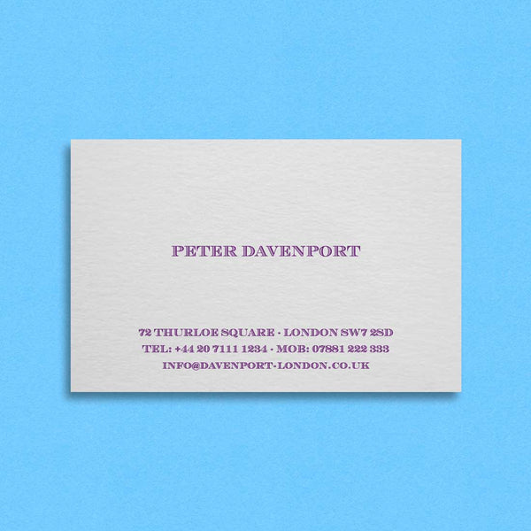 The Adelina visiting card shows a classic layout, printed in Purple onto a white card