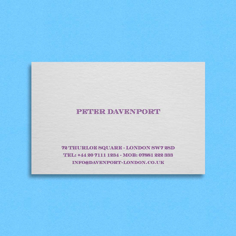 The Adelina visiting card shows a classic layout, printed in Purple onto a white card
