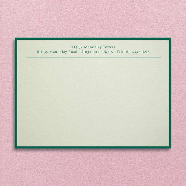 The Albermarle Correspondence card shows green text printed onto light green card and a matching green border.