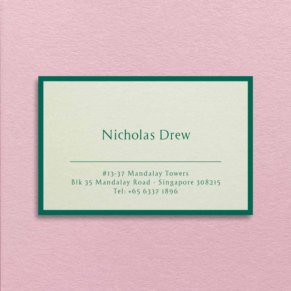 The Albermarle visiting card shows off dark green text on  a light green card and finished matching green border.