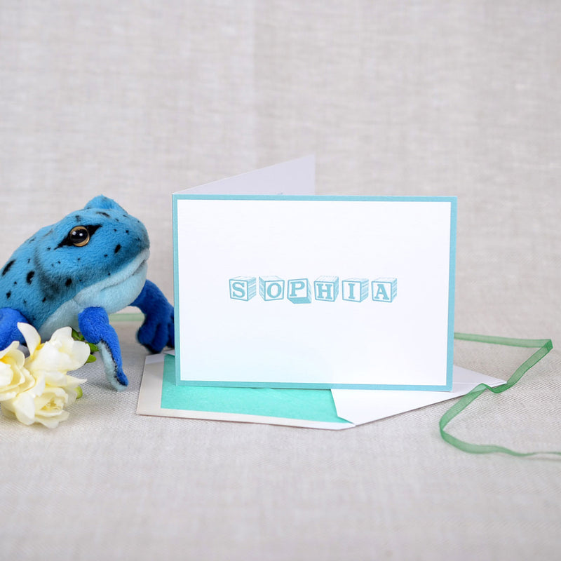 The Allendale personalised new cards, showing Baby Blocks font and teal borders
