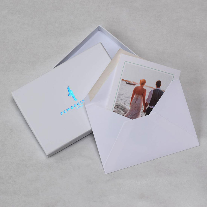 The Amalfi wedding photo thank you cards in their envelopes and with it's accompanying Pemberly Fox box