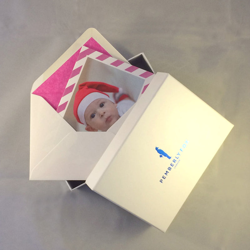 The Amelia baby girl photo thank you cards with Pemberly Fox's branded boxes