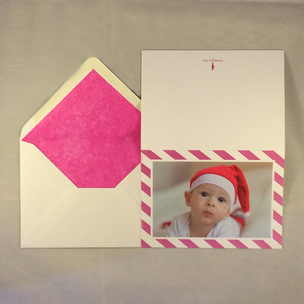The Amelia personalised baby girl card and envelope with tissue paper lining to match the border colour