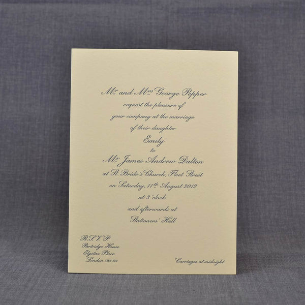 The Engraved Ascot Wedding invitation printed dark grey onto Cream card