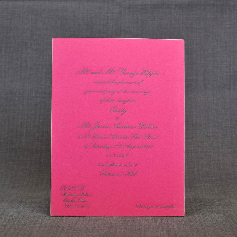 The Engraved Ascot Wedding invitation printed dark grey onto Fuchsia Pink
