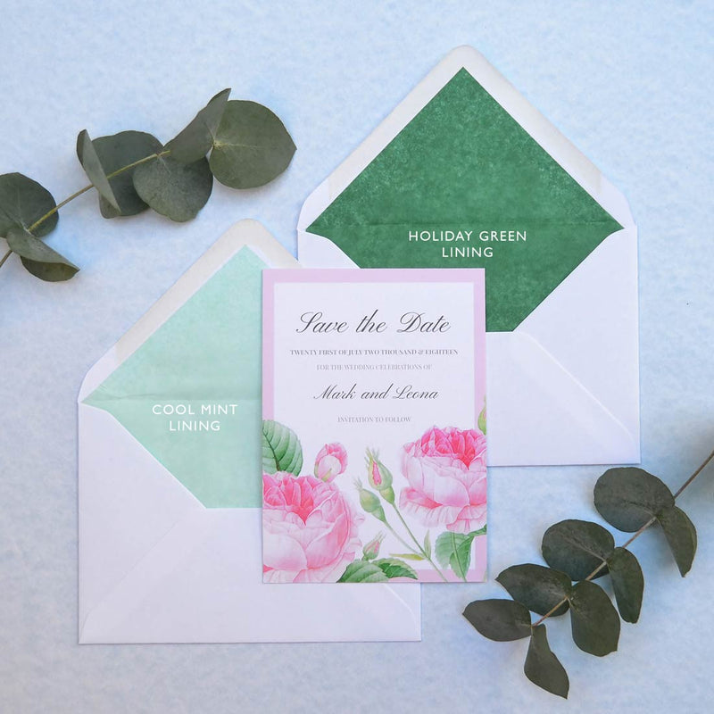 The Bamburgh save the date card designed with Peonies and a choice of two tissue linings for the envelopes