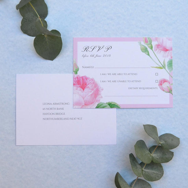 The Bamburgh wedding RSVP card is designed with Colourful Peonies and is printed with your return address on the reverse 
