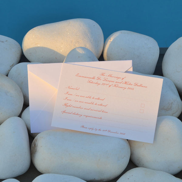 The Banyan wedding RSVP card envelope printed in matching Tangerine orange onto white card and paper