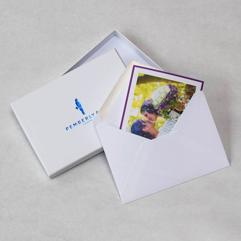 The Barcelona wedding photo thank you card in it's envelope and with it's accompanying branded box