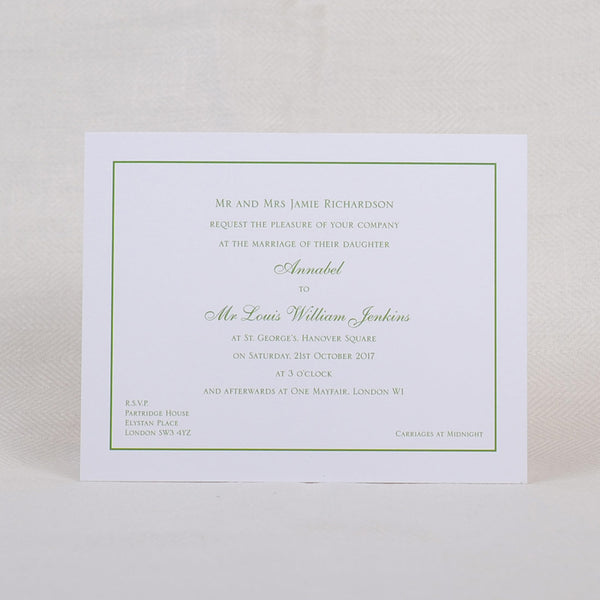 Face on picture of the Berkley Wedding Invitation showing the grass green text and keyline border