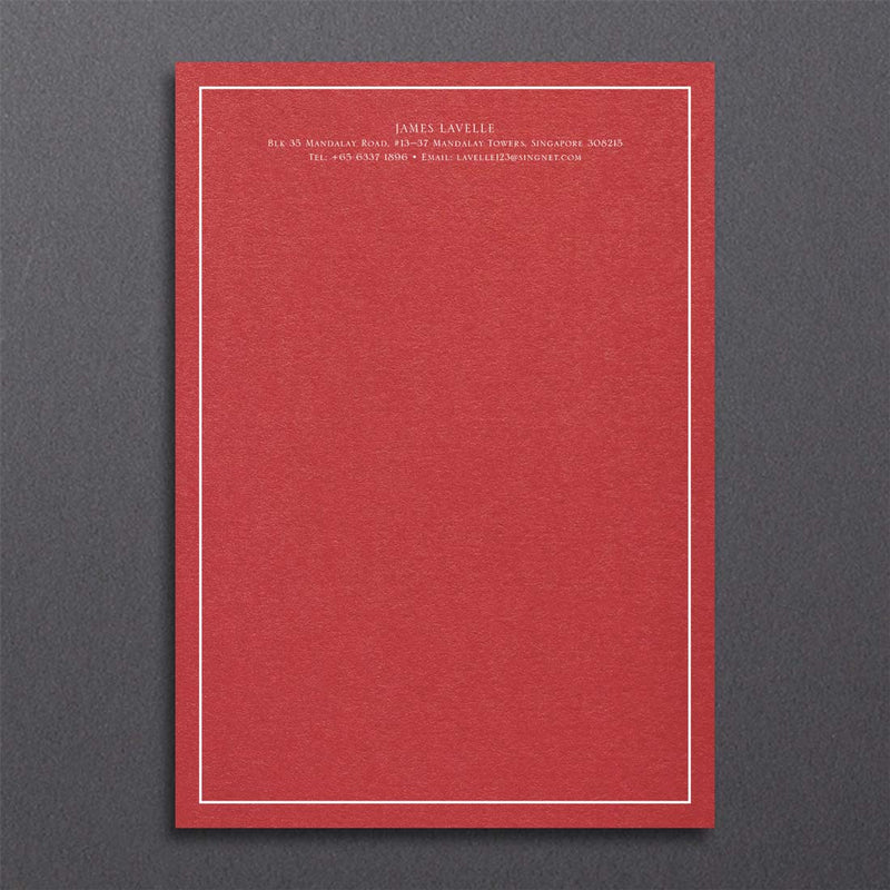 Bellevue Writing paper, shown with white ink printed onto a Bright Red writing sheet
