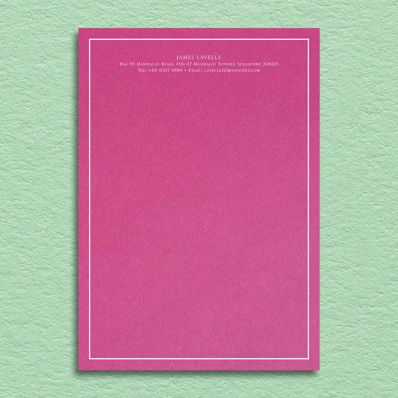 Bellevue Writing paper, shown with white ink printed onto a Fuchsia Pink writing sheet