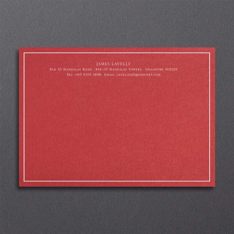 Bellevue correspondence cards shown on a Bright Red card and printed in white ink with a keyline border
