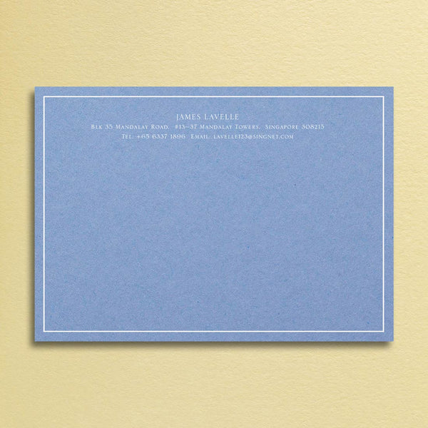 Bellevue correspondence cards shown on a New Blue card and printed in white ink with a keyline border
