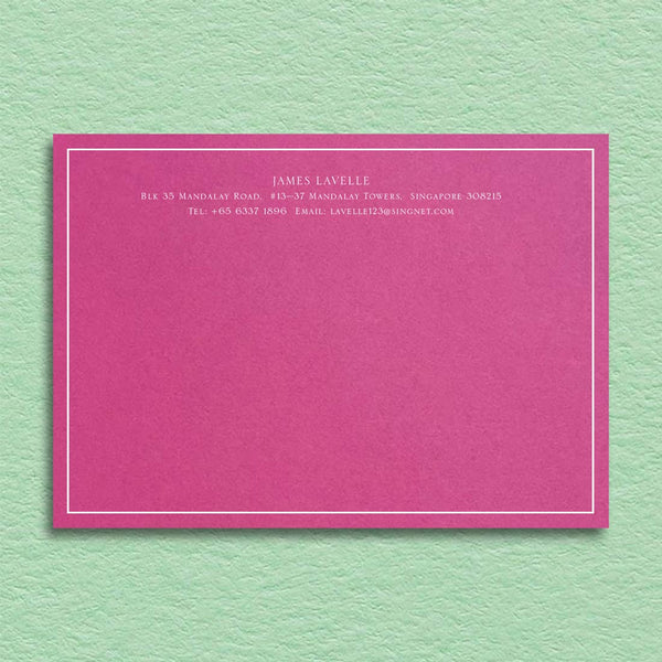 Bellevue correspondence cards shown on a Fuchsia pink card and printed in white ink with a keyline border