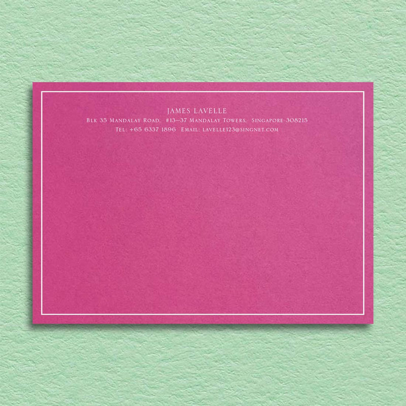 Bellevue correspondence cards shown on a Fuchsia pink card and printed in white ink with a keyline border