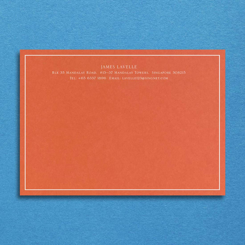 Bellevue correspondence cards shown on a Mandarin orange card and printed in white ink with a keyline border