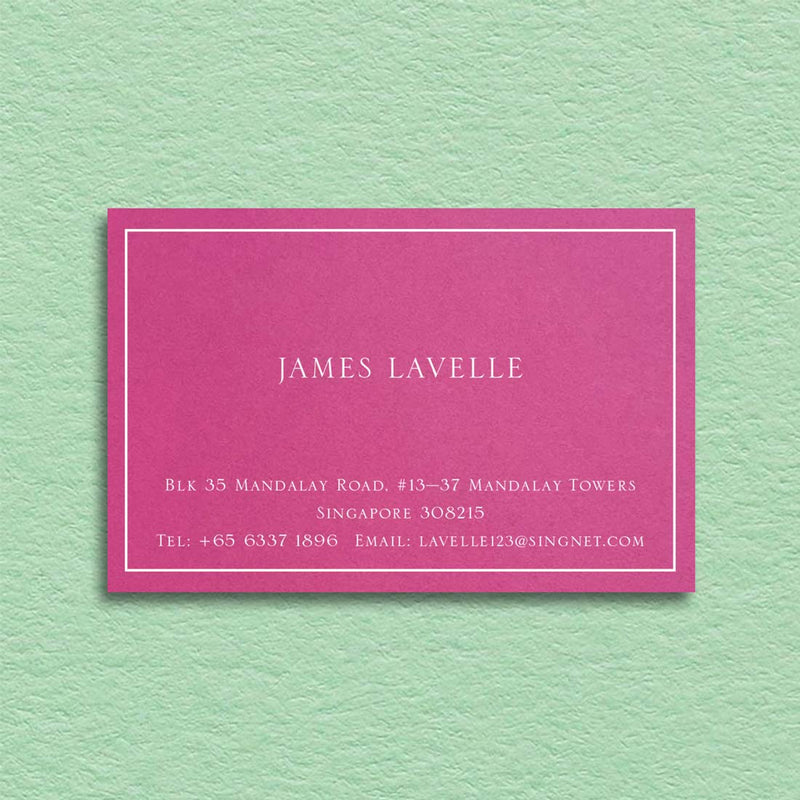 Bellevue visting cards shown on a Fuchsia pink card and printed in white ink with a keyline border