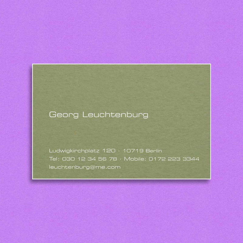 The Blandford visiting card is engraved in white ink onto an olive green card and finished with white edges