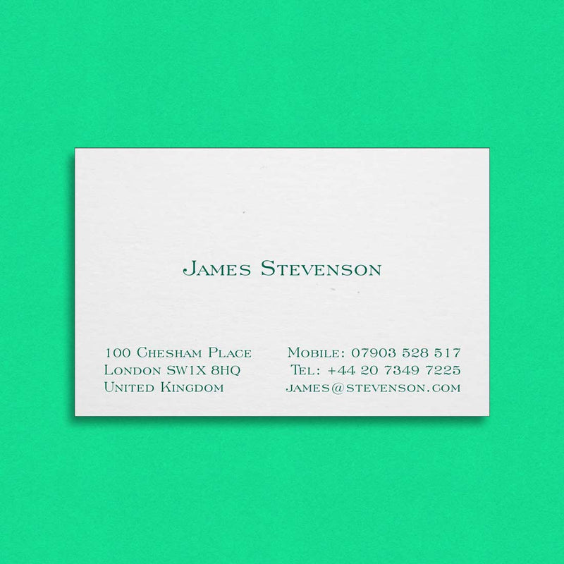 The Bletchley visiting card uses the traditional text format, name centred and contact details bottom left and right