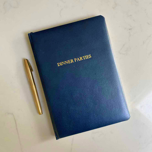 Pemberly Fox's leather dinner party book comes in Blue and can have personalisation if required