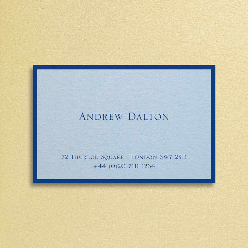 The Bond visiting card uses a contrasting dark blue text printed onto a light blue card with a matching blue border.