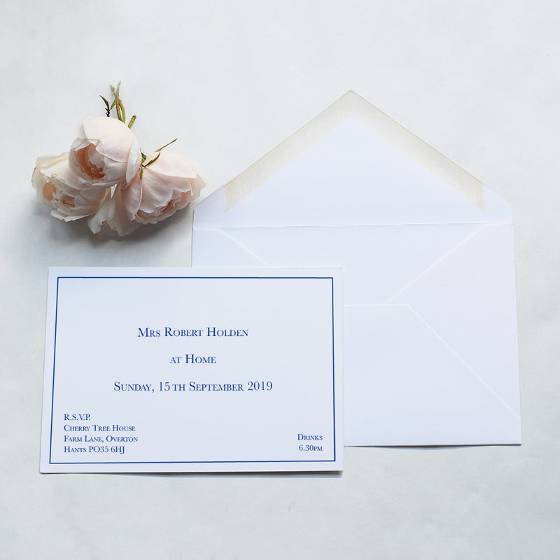 Theses at home invitation cards, print in dark blue with a keyline border and serif font
