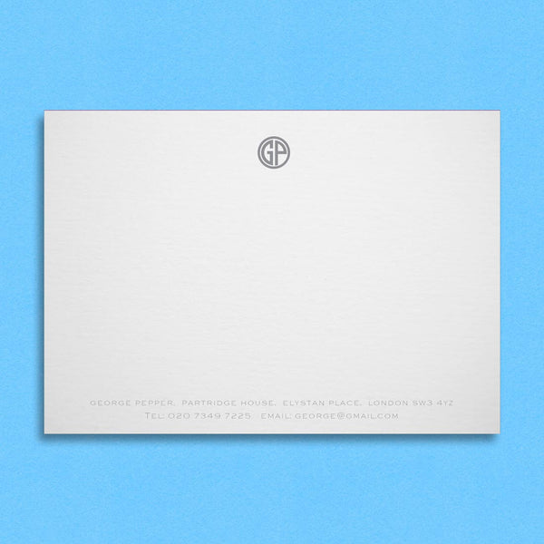 The Brompton correspondence cards include a circle monogram and contact details at the foot in one colour