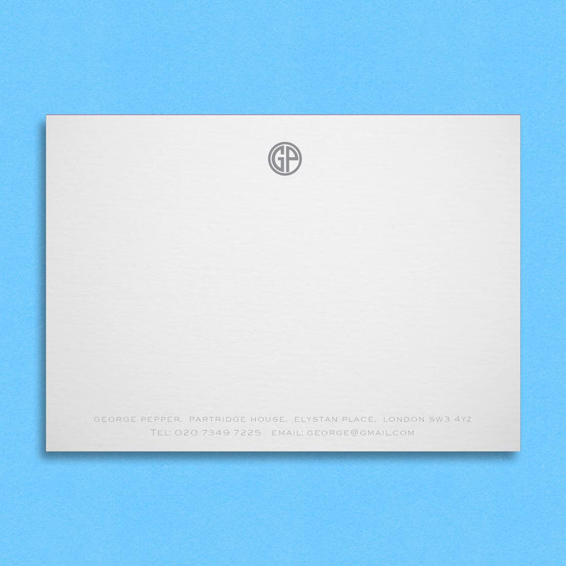 The Brompton correspondence cards include a circle monogram and contact details at the foot in one colour
