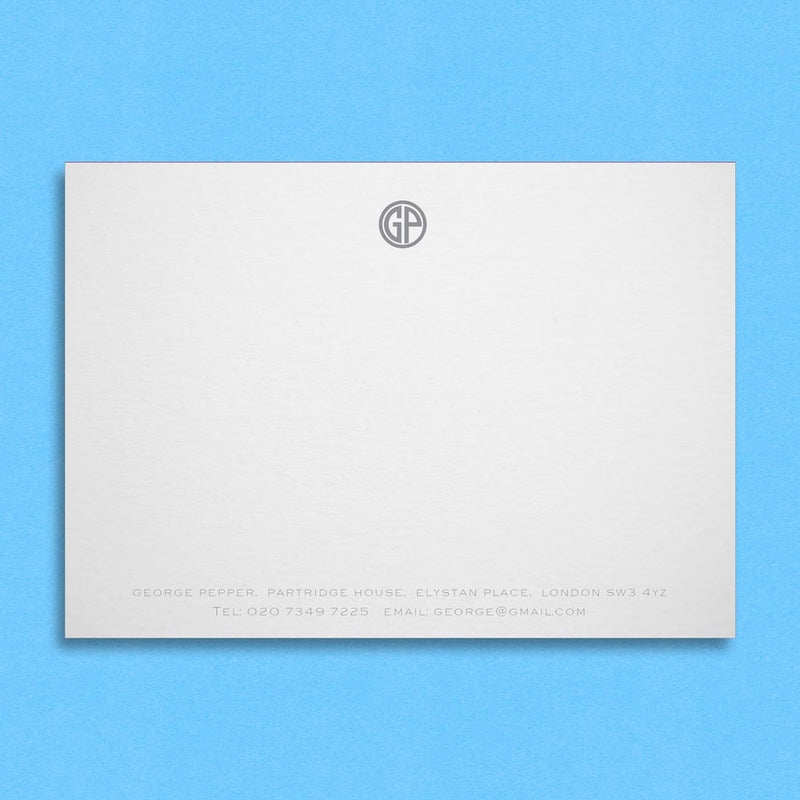 The Brompton correspondence cards include a circle monogram and contact details at the foot in one colour