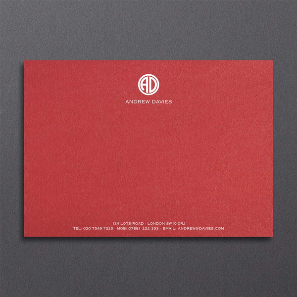 A sumptuous red card provides a glorious contrast for a contemporary monogram printed in white at the head with your contact details at the foot.