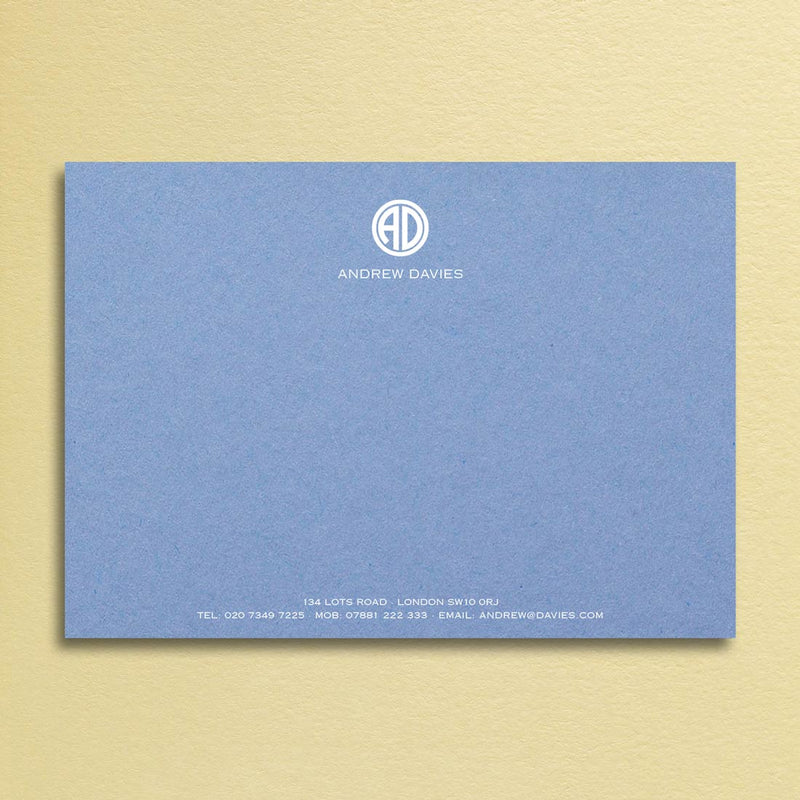 The new blue card provides a glorious contrast for a contemporary monogram printed in white at the head with your contact details at the foot.
