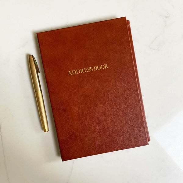 Our brown leather address book with embossed gold lettering on the front cover which can be personalised