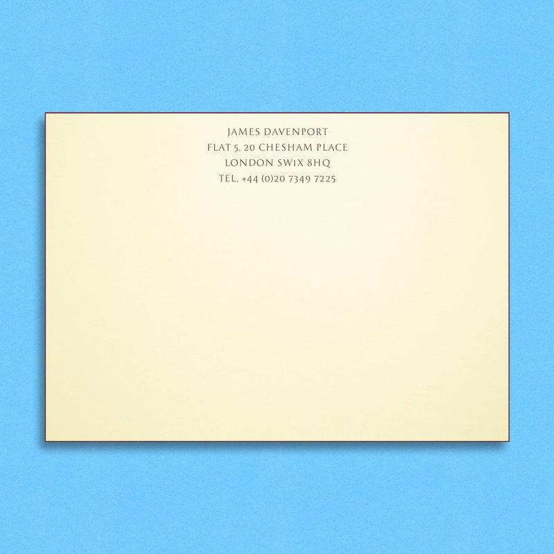 The Brunswick correspondence cards show your name and address printed on four lines at the head of the card with matching coloured edges