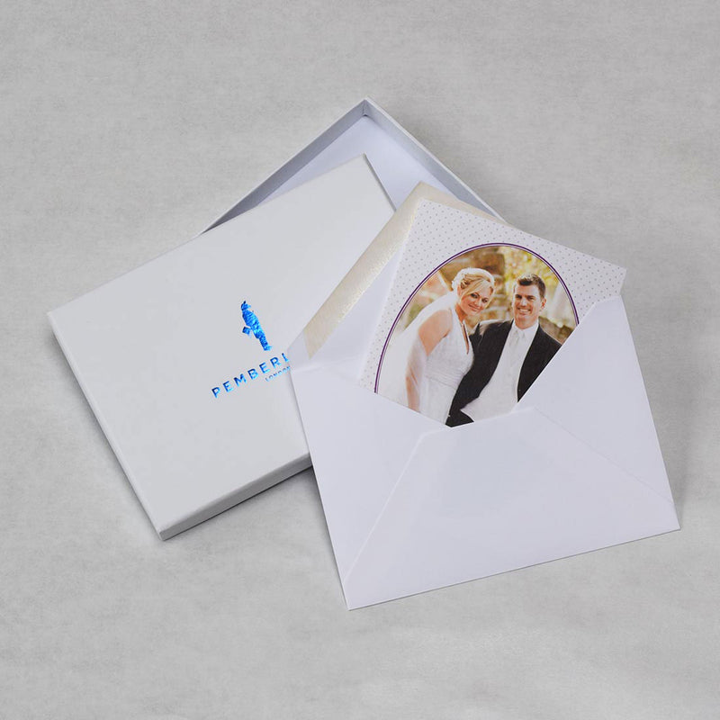 The Charleston wedding photo thank you card in it's envelope and with it's accompanying branded box