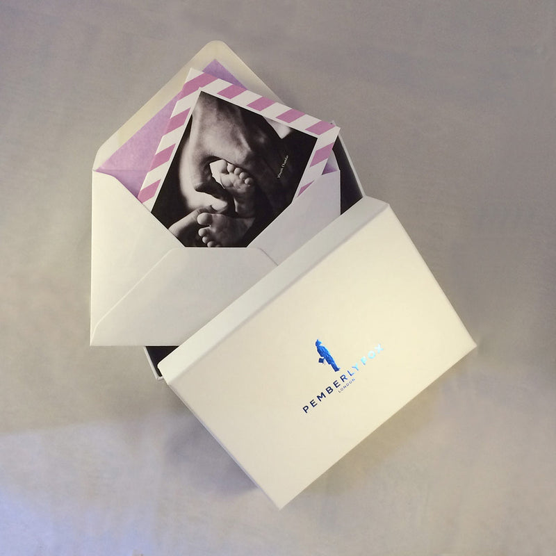 The charlotte baby girl thank you cards with Pemberly Fox's branded boxes
