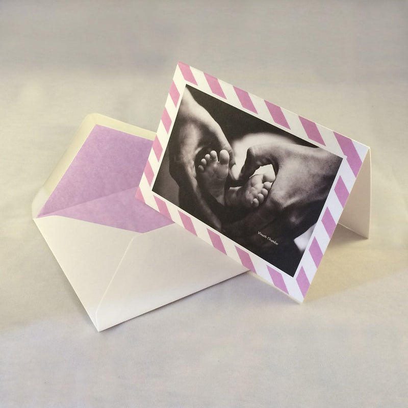 The charlotte baby thank you cards, showing stripe borders and matching envelope liner