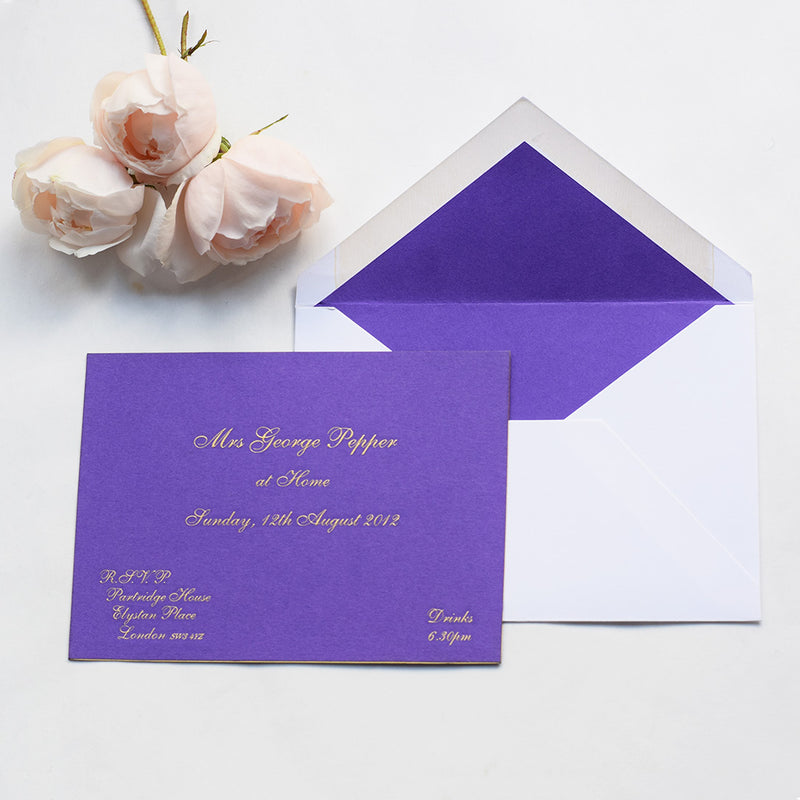 The Chatsworth at home invitation cards, engraved in gold ink onto colorplan Purple with gold edges