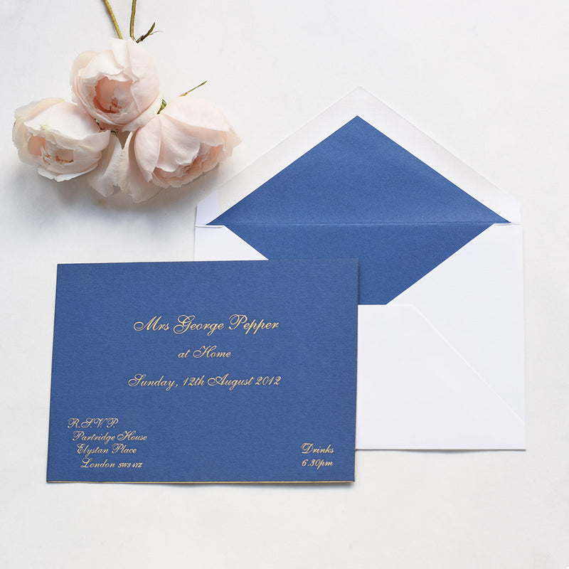 The Chatsworth at home invitation cards, engraved in gold ink onto colorplan Sapphire with gold edges