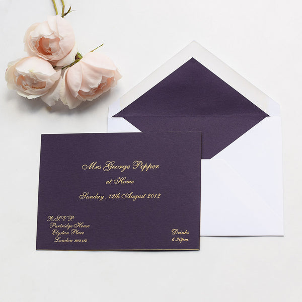 The Chatsworth at home invitation cards, are engraved in gold ink onto colorplan Amathyst with gold edges