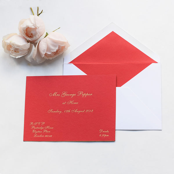 The Chatsworth at home invitation cards, are engraved in gold ink onto colorplan bright red with gold edges