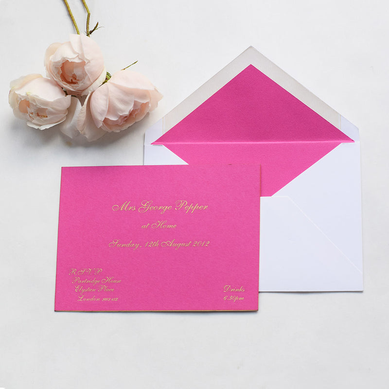 The Chatsworth at home invitation cards, engraved in gold ink onto colorplan Fuchsia Pink with gold edges
