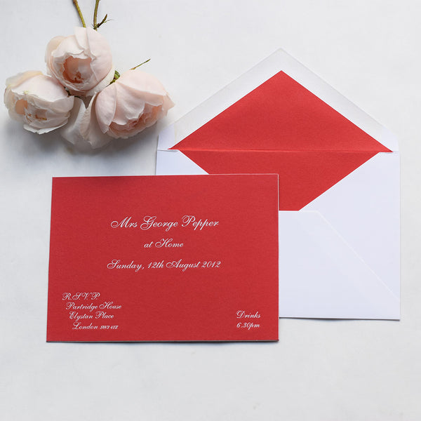 The Cliveden at home invitation cards, are engraved in white ink onto colorplan bright red with white edges