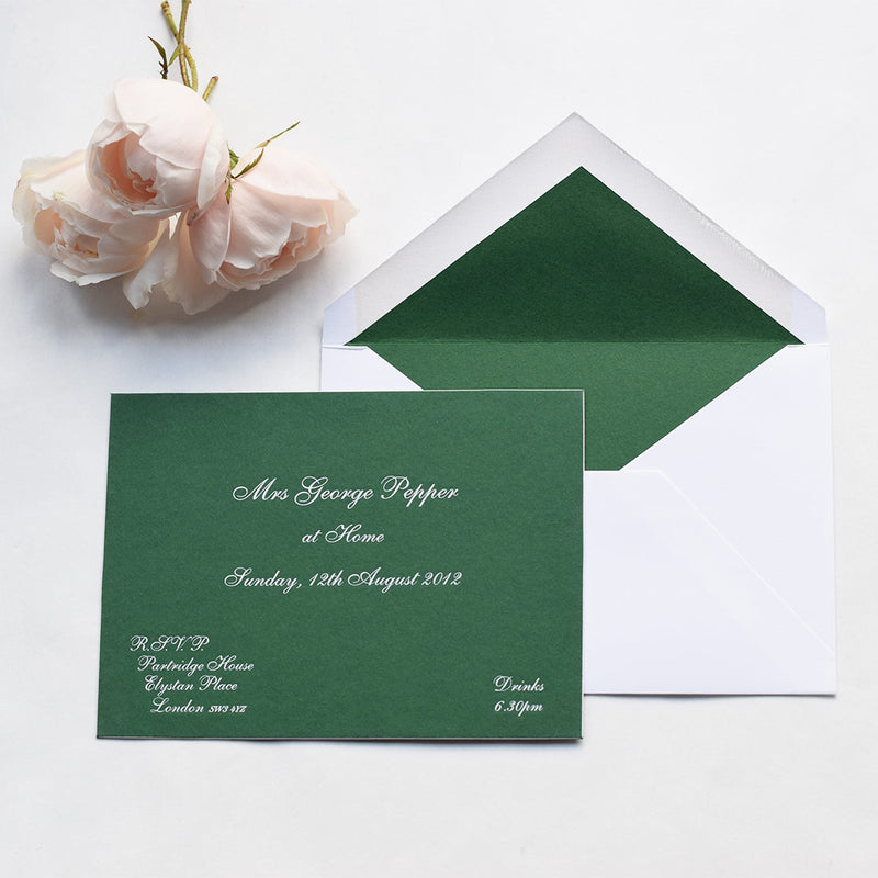 The Cliveden at home invitation cards, are engraved in white ink onto colorplan Forest Green with white edges
